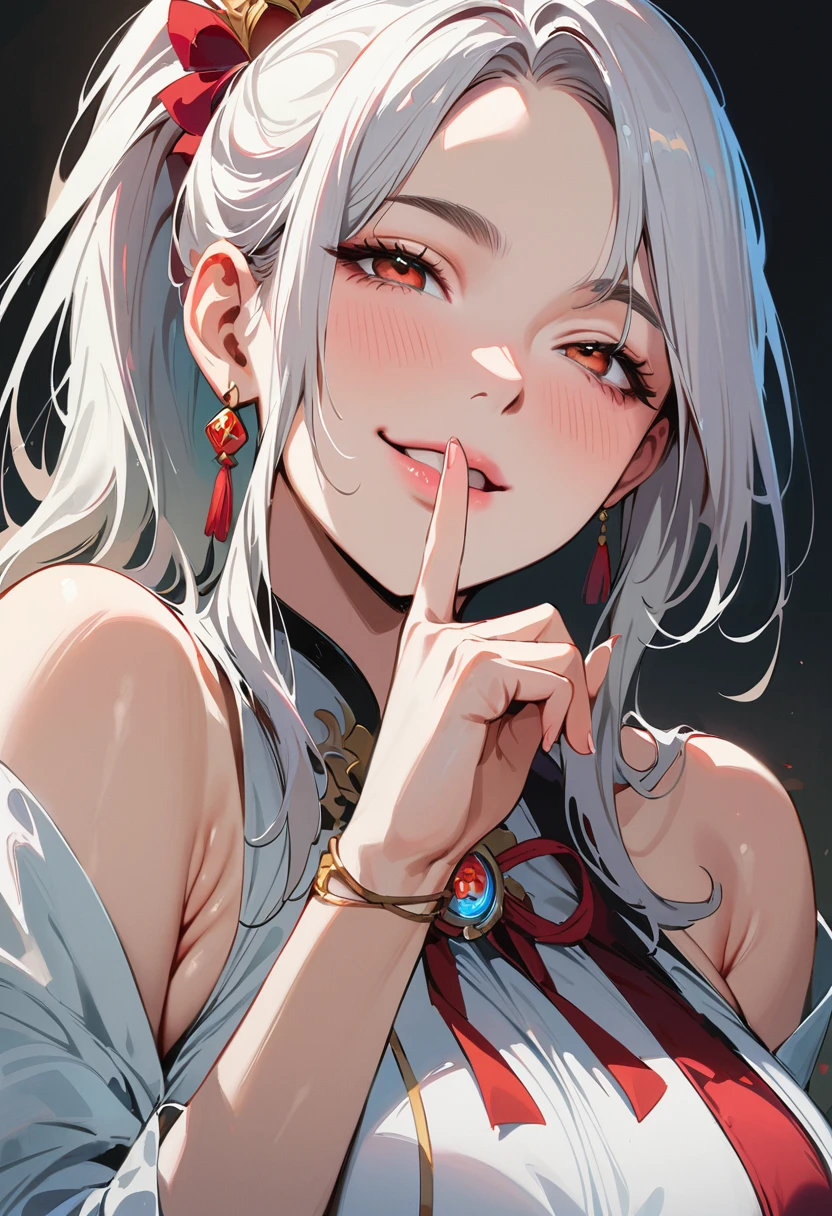 (masterpiece, best quality:1.4), 1 girl, 独奏, Red pupil, Blurred eyes, Smile, Look up and down, Pink lower lip, Left index finger touching face, Silver asymmetrical hairstyle, Long bangs on one side, High ponytail royal sister, Huge breasts, White Dress, Vision, black background.