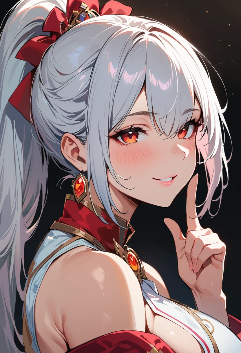 (masterpiece, best quality:1.4), 1 girl, 独奏, Red pupil, Blurred eyes, Smile, Look up and down, Pink lower lip, Left index finger touching face, Silver asymmetrical hairstyle, Long bangs on one side, High ponytail royal sister, Huge breasts, White Dress, Vision, black background.