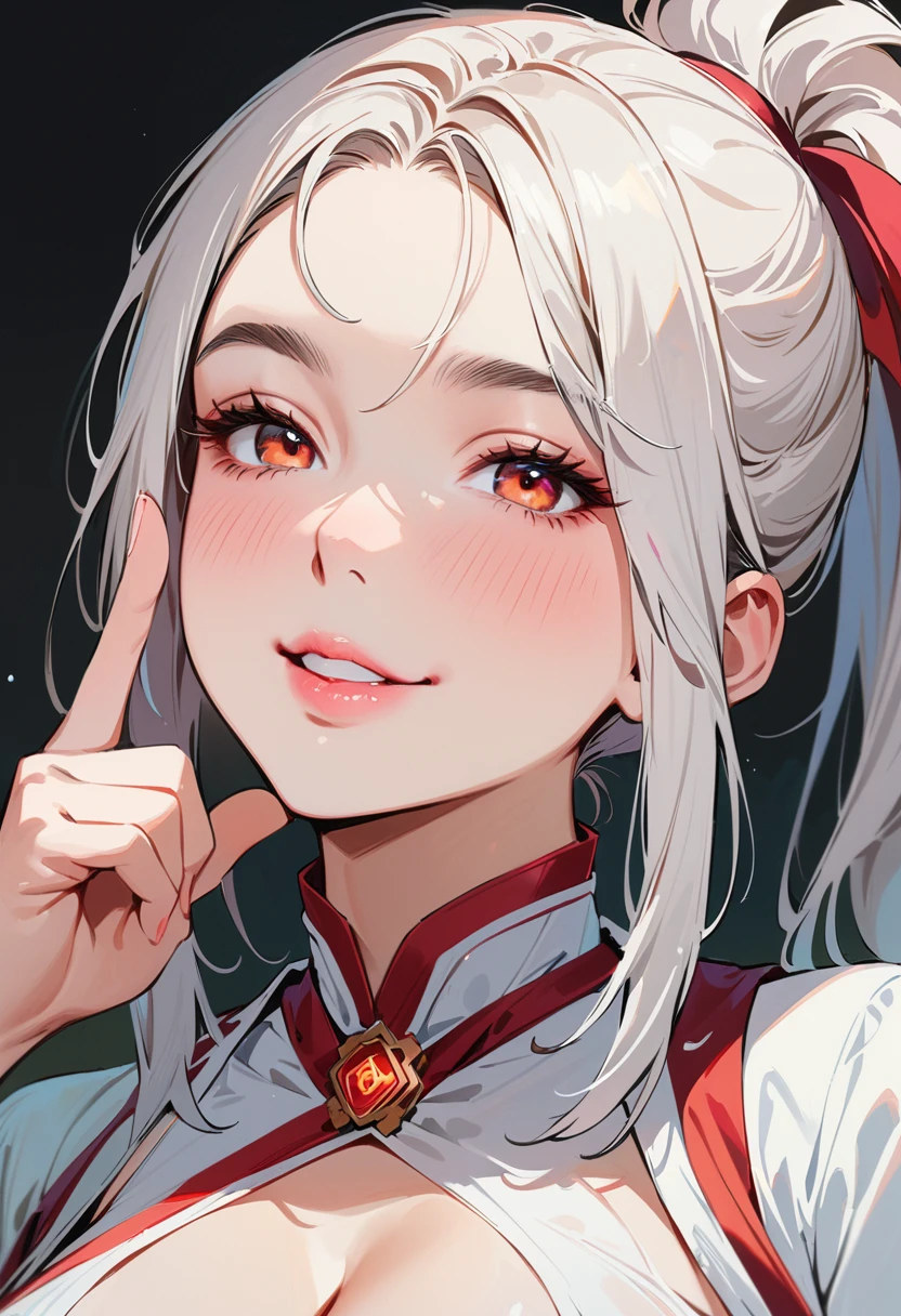 (masterpiece, best quality:1.4), 1 girl, 独奏, Red pupil, Blurred eyes, Smile, Look up and down, Pink lower lip, Left index finger touching face, Silver asymmetrical hairstyle, Long bangs on one side, High ponytail royal sister, Huge breasts, White Dress, Vision, black background.