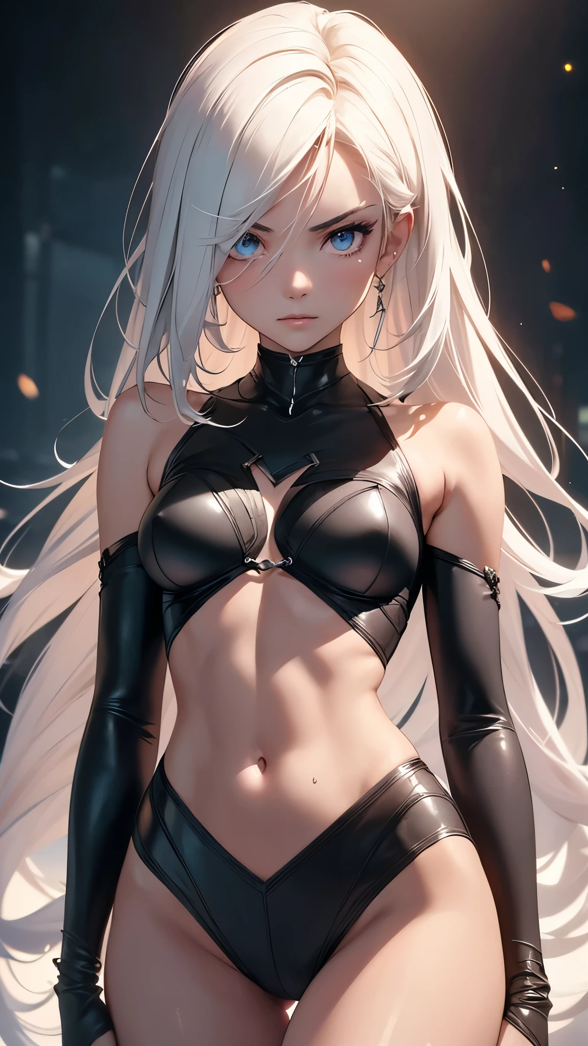 masterpiece, highest quality, silver hair, middle hair, black bikini, beach, (abs:1.7), (muscular:1.4), toned, (bulging muscles: 1.4), underarm, blue eyes, 18 years , small breasts