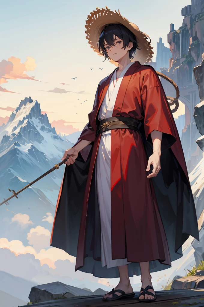 [[[ ultra-detailed, best quality, soft skin, beautiful face, masterpiece, close-up, western medieval setting, anime]]] monk robes, straw hat, 1boy, dirty robes,  Japanese monk, mountain background, standing up 