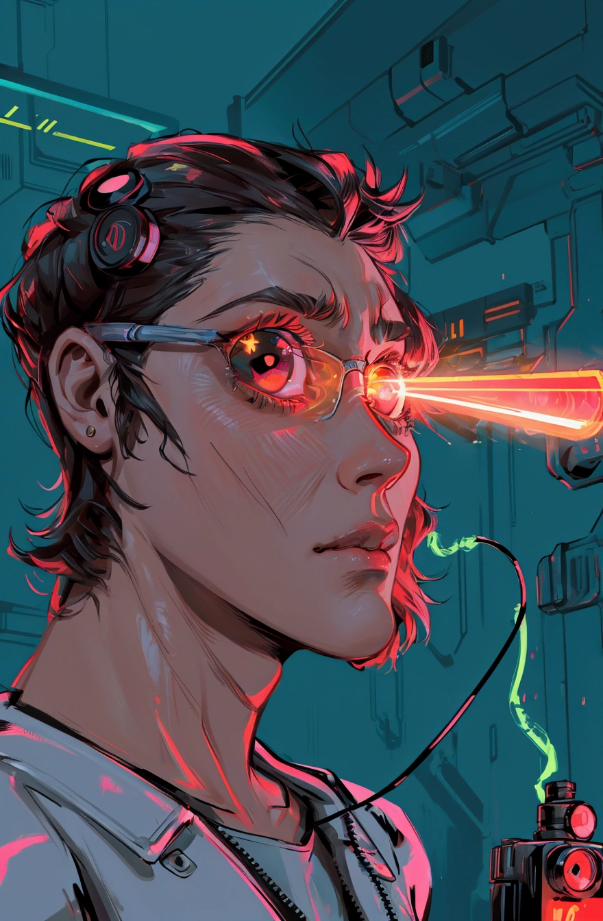 illustration of a beautiful girl with a cigarette and a neon light, by Andrei Kolkoutine, jim carrey as terminator, by Josan Gonzalez, terminator art, cyclops, lasers shooting out of eyes, portrait of terminator, from hotline miami, laser eyes, duke nukem art style, cyberpunk art style, cyberpunk illustration, laserpunk, laser, cyberpunk dude