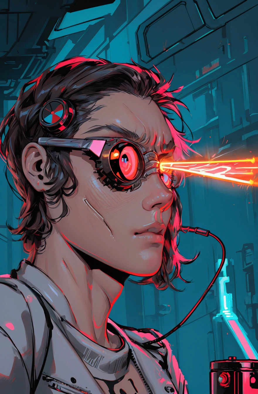 illustration of a  beautiful girl with a cigarette and a neon light, by Andrei Kolkoutine, jim carrey as terminator, by Josan Gonzalez, terminator art, cyclops, lasers shooting out of eyes, portrait of terminator, from hotline miami, laser eyes, duke nukem art style, cyberpunk art style, cyberpunk illustration, laserpunk, laser, cyberpunk dude