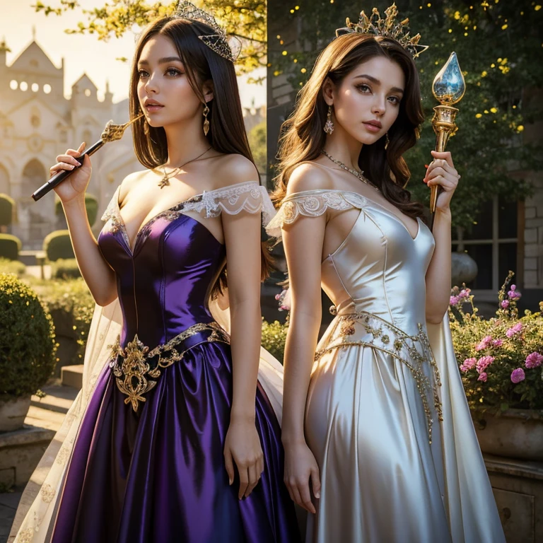 (masterpiece, best quality:1.5), highest quality, High resolution, super detailed, Realists, Upper body photo of a brunette sorceress, detailed and beautiful eyes, beautiful detailed lips, very detailed eyes and face, longeyelashes, shiny satin dress, Holding a magic wand in your hand and performing a transformation spell, Magic wands present and shining, Cat becomes part of the dress, Beautiful and colorful makeup, elegant and noble々The jewelry bag, Gardens as background, soft daylight, bright colors, fine brushstrokes, Portrait style, Silk dress fabric, beautiful color palette, glowing skin, First-class rendering, that captures every detail, enchanting atmosphere, subtle shadows and lights, (perfect anatomy:1.2), (The two stunning sorceresses transform cats into dresses) (a transformation):1.4), (magnificent panorama view:1.2)