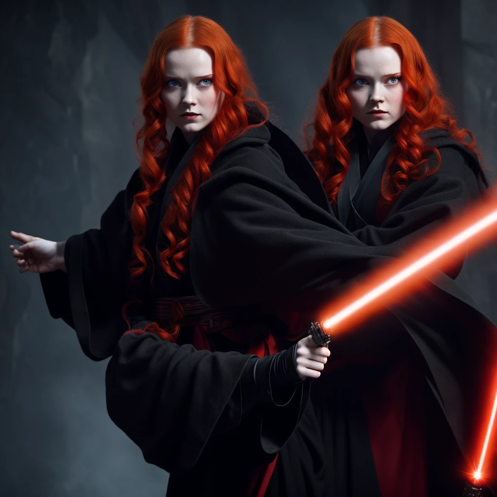 The girl is the dark lord of the Sith. She has red hair and red-yellow eyes. She is wearing a black robe. She spread her arms wide. There are many activated red lightsabers flying around her