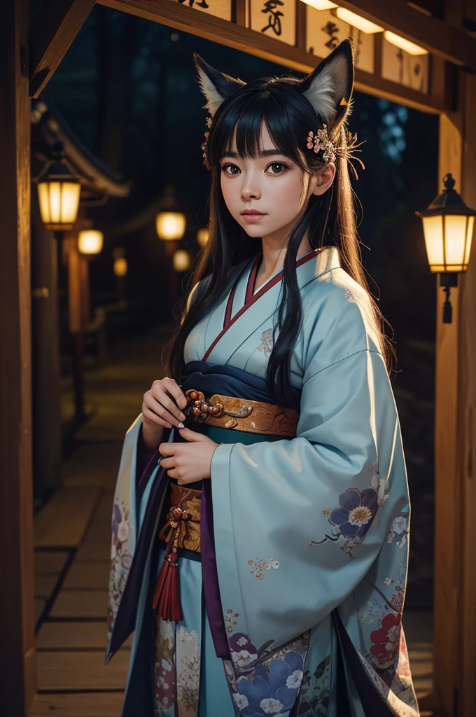 realistic, analog photo, Masterpiece, RAW photo, full-length portrait, hyper realistic, ultra detailed image, Kizune, (mythical Creature of Japanese Mythology And Folklore), detailed portrait of anthropomorphic she-fox, with fox tail, in traditional japan garden, moonlight, little spotlight, fractal, cover, detailed background, depth of field, HOF, hall of fame, detailed beautiful eyes, detailed beautiful face, natural body posture, lifelike skin texture, kodak portra 400, 16k, ultra detailed, bokeh lighting, dark fantasy atmospheric, fantasy aura, film grain, cinematic light, cinematic composition, depth of field, rim light