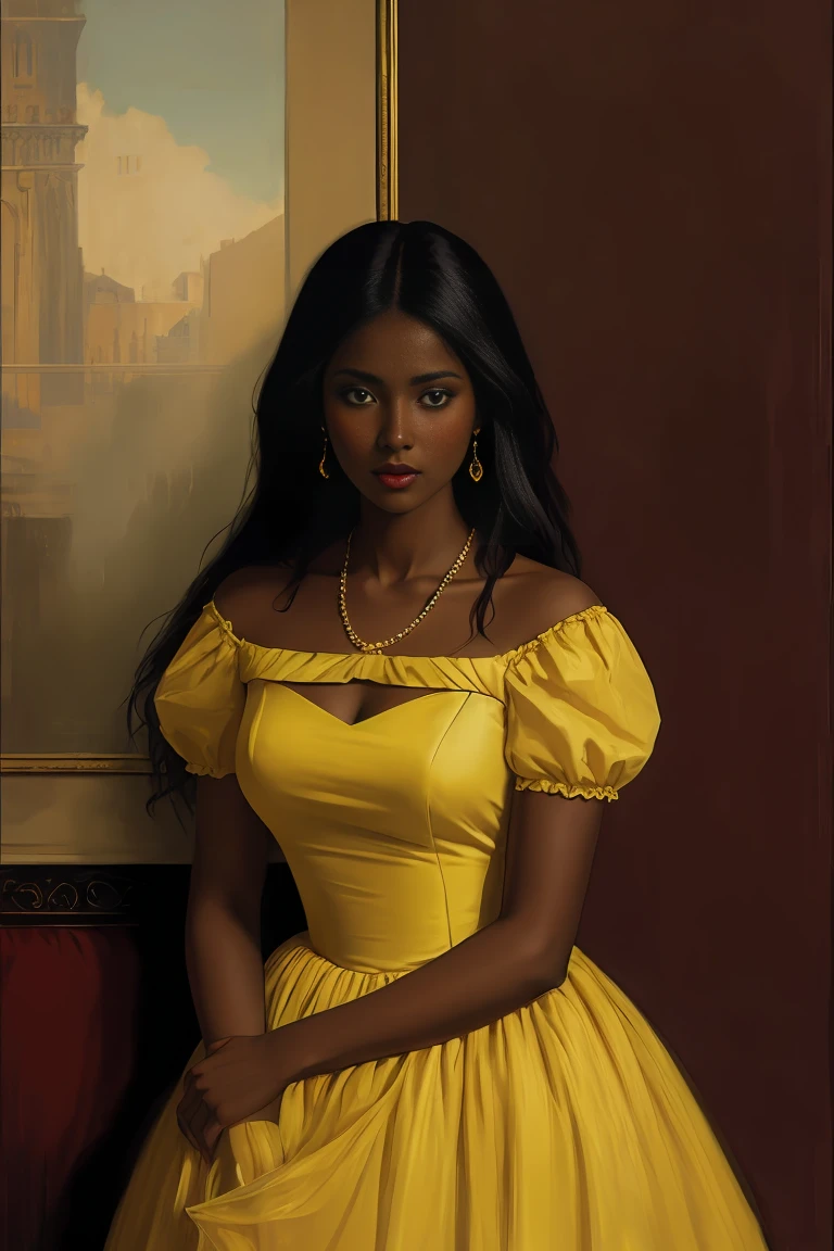 Beautiful woman with dark skin in a yellow dress, renascentist style, inspirado por Vasily Vereshchagin