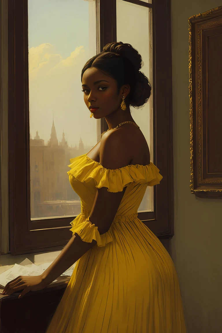 Beautiful woman with dark skin in a yellow dress, renascentist style, inspirado por Vasily Vereshchagin