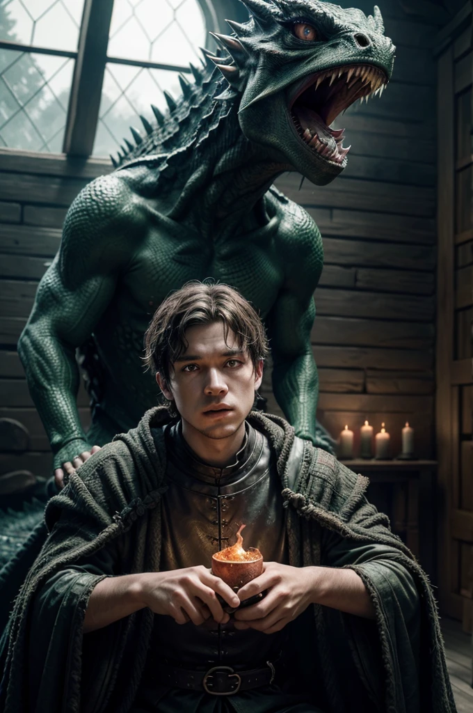 High resolution photography of a "miron aquino", with green eyes, gross lips, with a dark big and fiery dragon at his back, cozy atmosphere; 8k, intricate detail, photorealistic, realistic light, wide angle, kinkfolk photography, game of thrones eñstyle