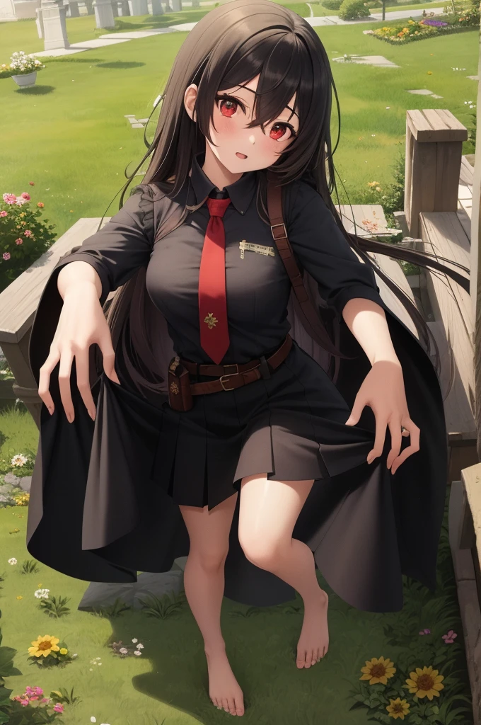masterpiece, best quality, 1girl, long hair, black hair, red eyes, hair between eyes, skirt, dress, necktie, sleeveless, belt, shirt, black shirt, collared shirt, red necktie, black skirt, bare feet, standing up, from above, grass, day, sun, sunlight