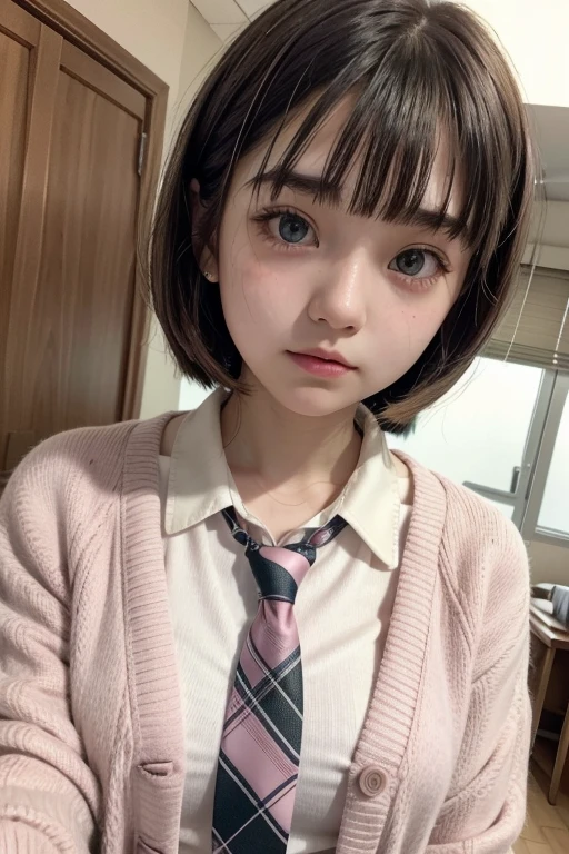 blunt bangs,bob Hair,hairpin junior high school girl,she is .pink plaid tie,white shirt,cardigan,slender,small breasts,green eyes