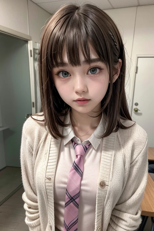 blunt bangs,bob Hair,hairpin junior high school girl,she is 14 years old.pink plaid tie,white shirt,cardigan,slender,small breasts,green eyes