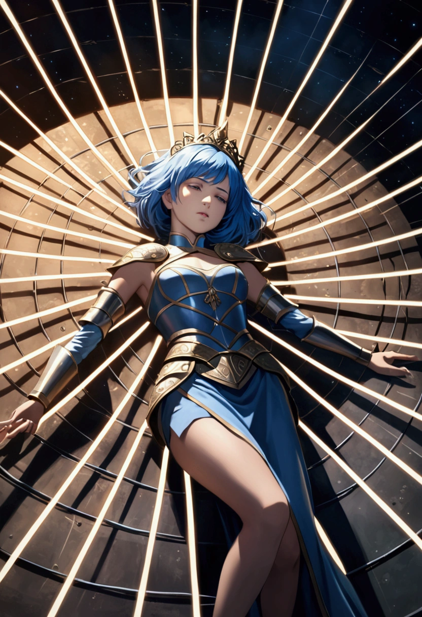A short blue haired princess dressed as a warrior lying on her back covered by a force field.