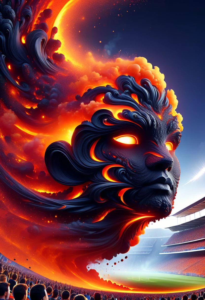 hyper detailed masterpiece, dynamic, awesome quality, floating tiny lava gravity over e crowded football stadium