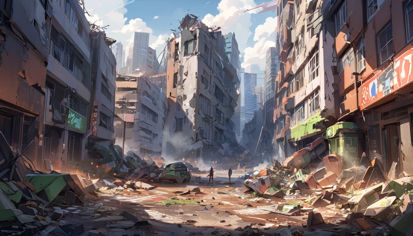 Devastated urban landscape.3 strands,  eva 00, EVA 01, eva 02, . The city is in ruins, with ruined buildings and debris scattered everywhere.