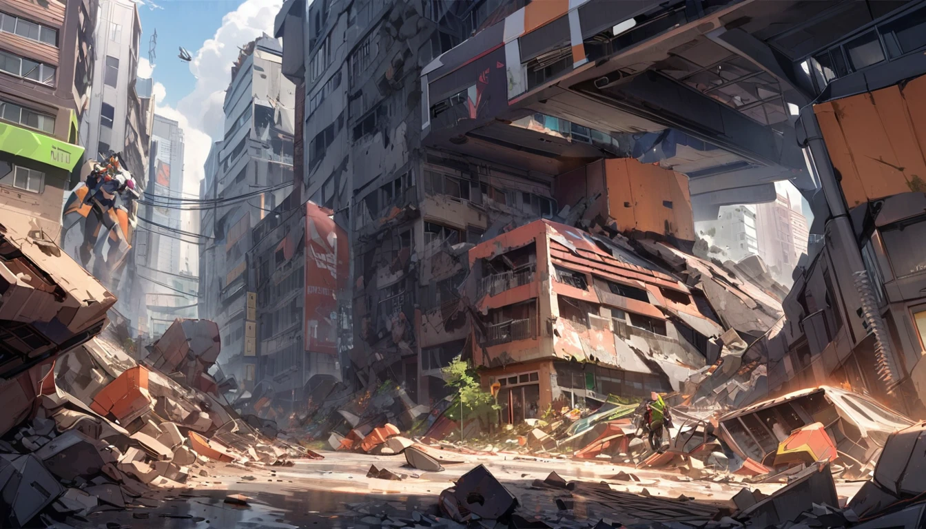 Devastated urban landscape.3 strands, eva 00, EVA 01, eva 02, . The city is in ruins, with ruined buildings and debris scattered everywhere.