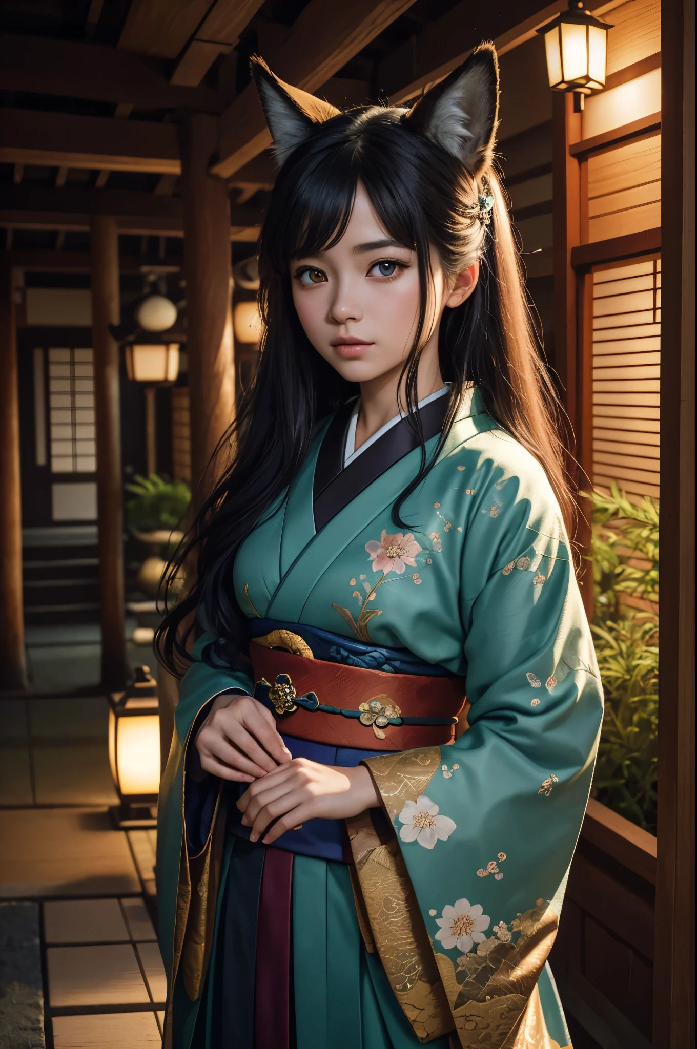 realistic, analog photo, Masterpiece, RAW photo, full-length portrait, hyper realistic, ultra detailed image, Kizune, (mythical Creature of Japanese Mythology And Folklore), detailed portrait of anthropomorphic she-fox, with fox tail, in traditional japan garden, moonlight, little spotlight, fractal, cover, detailed background, depth of field, HOF, hall of fame, detailed beautiful eyes, detailed beautiful face, natural body posture, lifelike skin texture, kodak portra 400, 16k, ultra detailed, bokeh lighting, dark fantasy atmospheric, fantasy aura, film grain, cinematic light, cinematic composition, depth of field, rim light