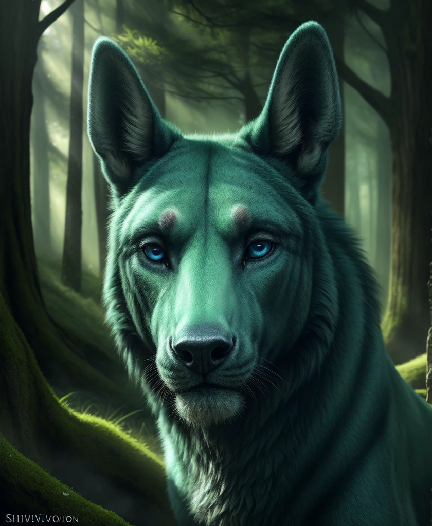 (realistic,photorealistic:1.37),masterpiece, ((slyvion) feral), looking at viewer,sharp blue eyes,full body portrait, lush green forest background, mysterious atmosphere,,