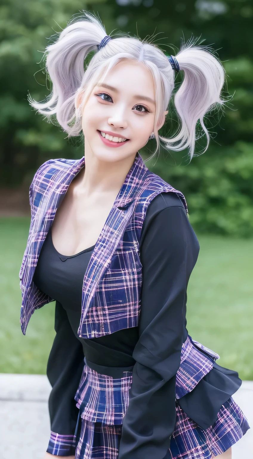 ((Highest quality, 8k, masterpiece:1.3)), concentrated: 1.2, Perfect Body Beauty: 1.4, ((Layered Haircut, chest: 1.2)),   Highly detailed face and skin texture, Beautiful Eyes, double eyelid, Whitening skin, Long Hair, (shut up: 1.3), smile、model、whole body:1.5、dance、K-Pop Idol、White purple hair, Curly Hair, Twin tails,（dancing:1.５）、（cyber punk:2.０）、