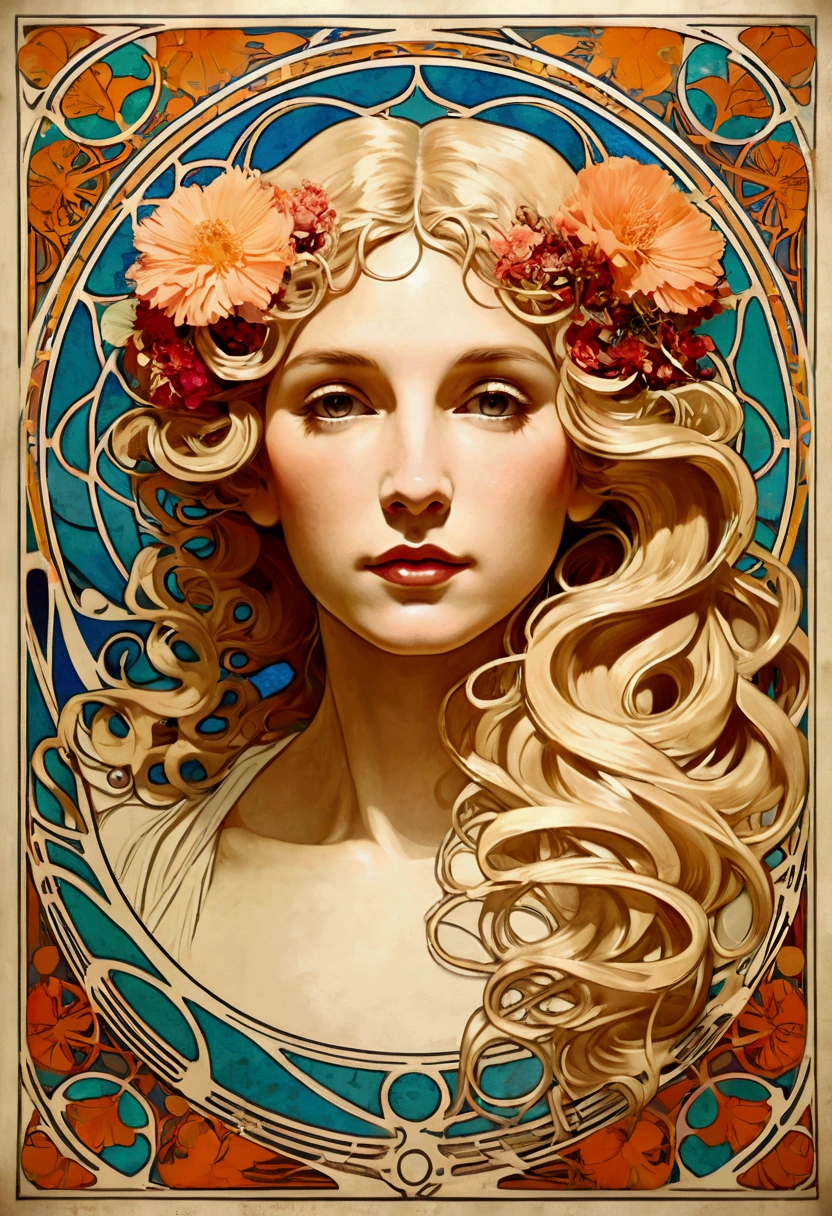 European woman face portrait, Long curly hair, Blonde, Flower frame, decorative panel, abstraction, directed by: Alphonse Mucha (Main part, extremely high quality, High resolution: 1.4), detailed, intricate details, 4K, splash of color, Line art, Fibonacci, Wear underwear