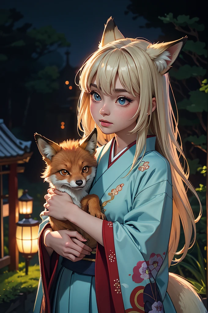 realistic, analog photo, Masterpiece, RAW photo, full-length portrait, hyper realistic, ultra detailed image, Kizune, (mythical Creature of Japanese Mythology And Folklore), detailed portrait of anthropomorphic she-fox, with fox tail, in traditional japan garden, moonlight, little spotlight, fractal, cover, detailed background, depth of field, HOF, hall of fame, detailed beautiful eyes, detailed beautiful face, natural body posture, lifelike skin texture, kodak portra 400, 16k, ultra detailed, bokeh lighting, dark fantasy atmospheric, fantasy aura, film grain, cinematic light, cinematic composition, depth of field, rim light