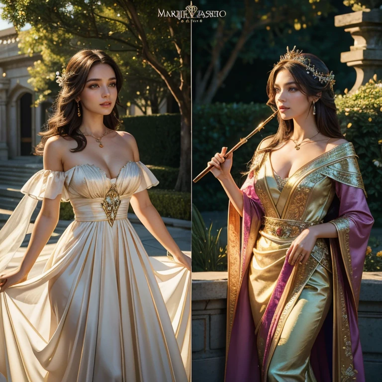 (masterpiece, best quality:1.5), highest quality, High resolution, super detailed, Realists, Upper body photo of a brunette sorceress, detailed and beautiful eyes, beautiful detailed lips, very detailed eyes and face, longeyelashes, shiny satin dress, Holding a magic wand in your hand and performing a transformation spell, Magic wands present and shining, Beautiful and colorful makeup, elegant and noble々The jewelry bag, Gardens as background, soft daylight, bright colors, fine brushstrokes, Portrait style, Silk dress fabric, beautiful color palette, glowing skin, First-class rendering, that captures every detail, enchanting atmosphere, subtle shadows and lights, (perfect anatomy:1.2), (The two stunning sorceresses transform flowers into birds) (a transformation):1.4), (magnificent panorama view:1.2)
