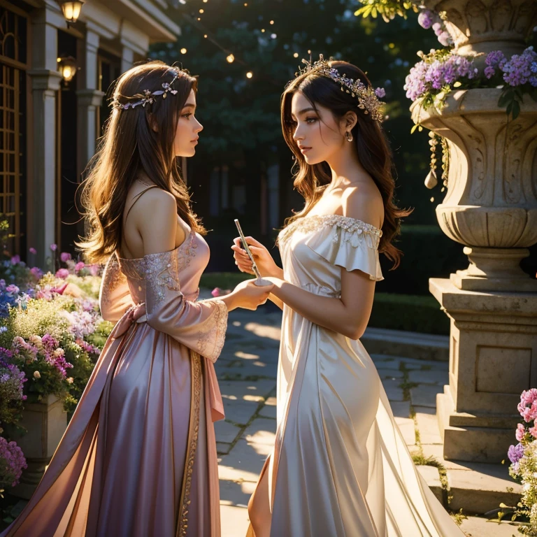 (masterpiece, best quality:1.5), highest quality, High resolution, super detailed, Realists, Upper body photo of a brunette sorceress, detailed and beautiful eyes, beautiful detailed lips, very detailed eyes and face, longeyelashes, shiny satin dress, Holding a magic wand in your hand and performing a transformation spell, Magic wands present and shining, Beautiful and colorful makeup, elegant and noble々The jewelry bag, Gardens as background, soft daylight, bright colors, fine brushstrokes, Portrait style, Silk dress fabric, beautiful color palette, glowing skin, First-class rendering, that captures every detail, enchanting atmosphere, subtle shadows and lights, (perfect anatomy:1.2), (The two stunning sorceresses transform flowers into birds) (a transformation):1.4), (magnificent panorama view:1.2)