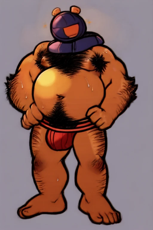 A hulkingWhittyFNF, bomb head, is smiling while wearing a ((red jockstrap)) while in your bedroom, front facing view,full body with his arms stretched out in a t-pose, (( Hairy armpits,)) musky, sweaty