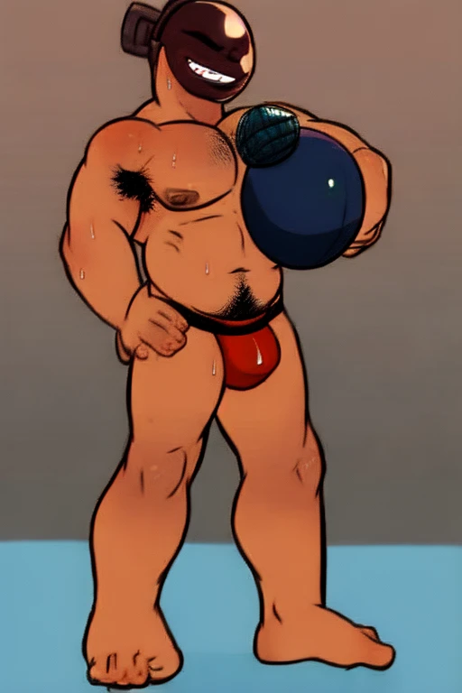 A hulkingWhittyFNF, bomb head, is smiling while wearing a ((red jockstrap)) while in your bedroom, front facing view,full body with his arms stretched out in a t-pose, (( Hairy armpits,)) musky, sweaty