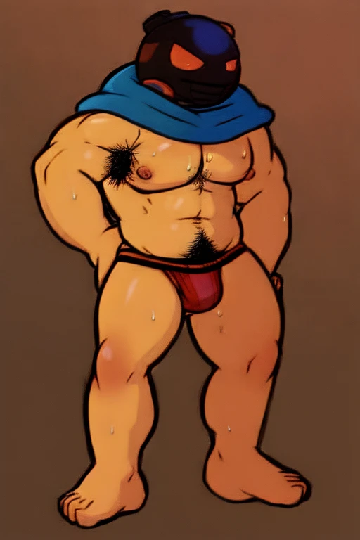 A hulkingWhittyFNF, bomb head, is smiling while wearing a ((red jockstrap)) while in your bedroom, front facing view,full body with his arms stretched out in a t-pose, (( Hairy armpits,)) musky, sweaty