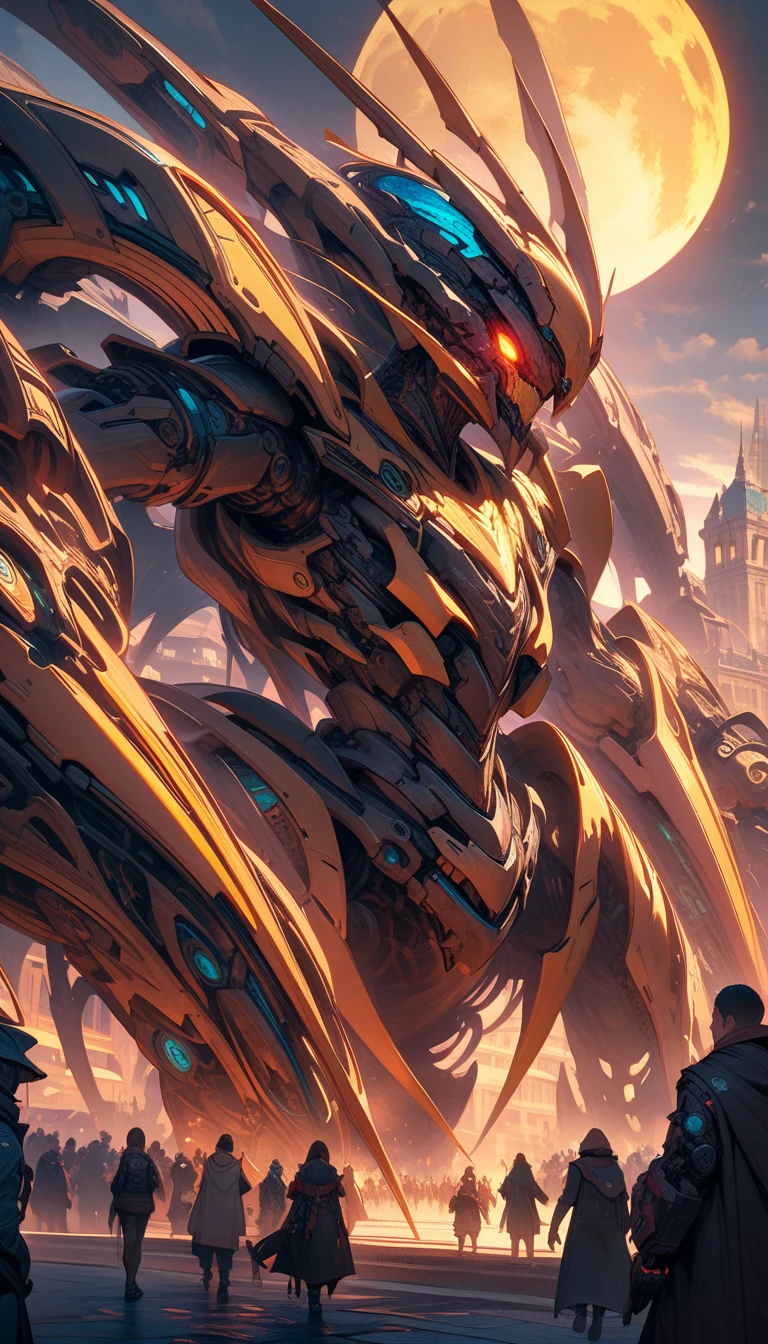 ((best quality)) , ((masterpiece)) , (detailentasy illustration of an enormous wasp with glowing eyes, surrounded cheering people in the style of magic The gathering card art. In front is a large yellow moon over a fantasy town background. Vibrant colors are used.，(biomechanical style . blend of organic and mechanical elements, futuristic, cybernetic, detailed, intricate)