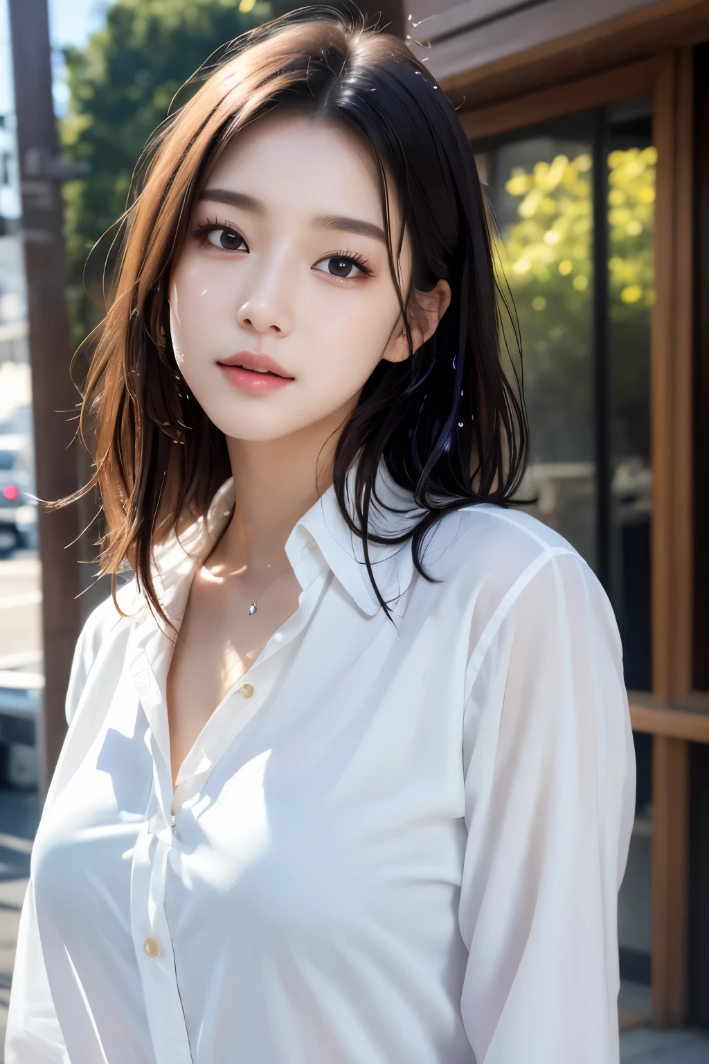 Dress up、(Photo realistic:1.4)、(Surreal:1.4)、(Realistic:1.3)、 (Gentle lighting: 1.05)、(Improve the quality of your video lighting:0.9)、32K ...、 One Girl、、Photorealistic Lighting、Backlight、Facial Light、Ray-tracing、(bright:1.2)、(Improvement of quality:1.4)、 (Highest Quality Real Texture Skins)、Beautiful Eyes,Delicate and elegant features、 (Tired, sleepy and satisfied : 0.0), Face close-up, Wet White Button Up Shirt : 1.3, (Improve your body line mood:1.1)、Glowing Skin、 star、Korean Idol、Nogizaka Idol、Burning idol pose、Beautiful actress、A neat and clean woman、 Whole Body Ezbian