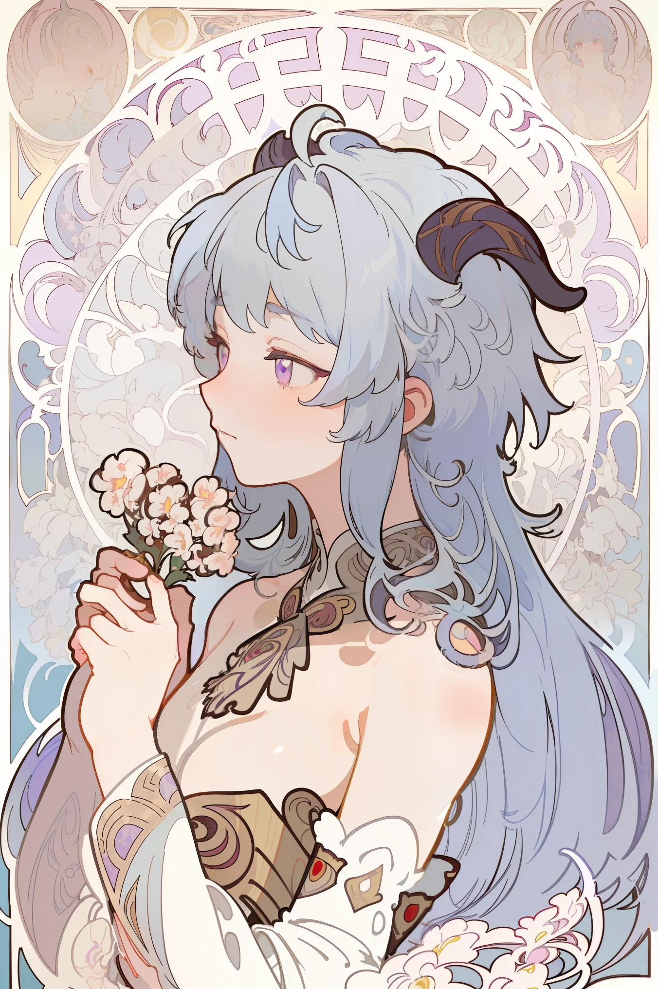 Art Nouveau Style, poster in a theater, (((art by alphonse mucha))), upper body, blush, front profile ,(masterpiece, finely detailed beautiful eyes: 1.2), 1girl, solo, beautiful, small details, ultra detailed, best quality, intricate, sharp, digital illustration, detailed, white flowers, ((snow)), winter background, ganyu \(genshin impact\), 1girl, ahoge, bangs, bare shoulders, ((light blue hair)), blush, (red ram horns), long hair, medium breasts, purple eyes, sidelocks, solo, tassel, white sleeves, ((masterpiece)), curly hair, white dress, holding flowers