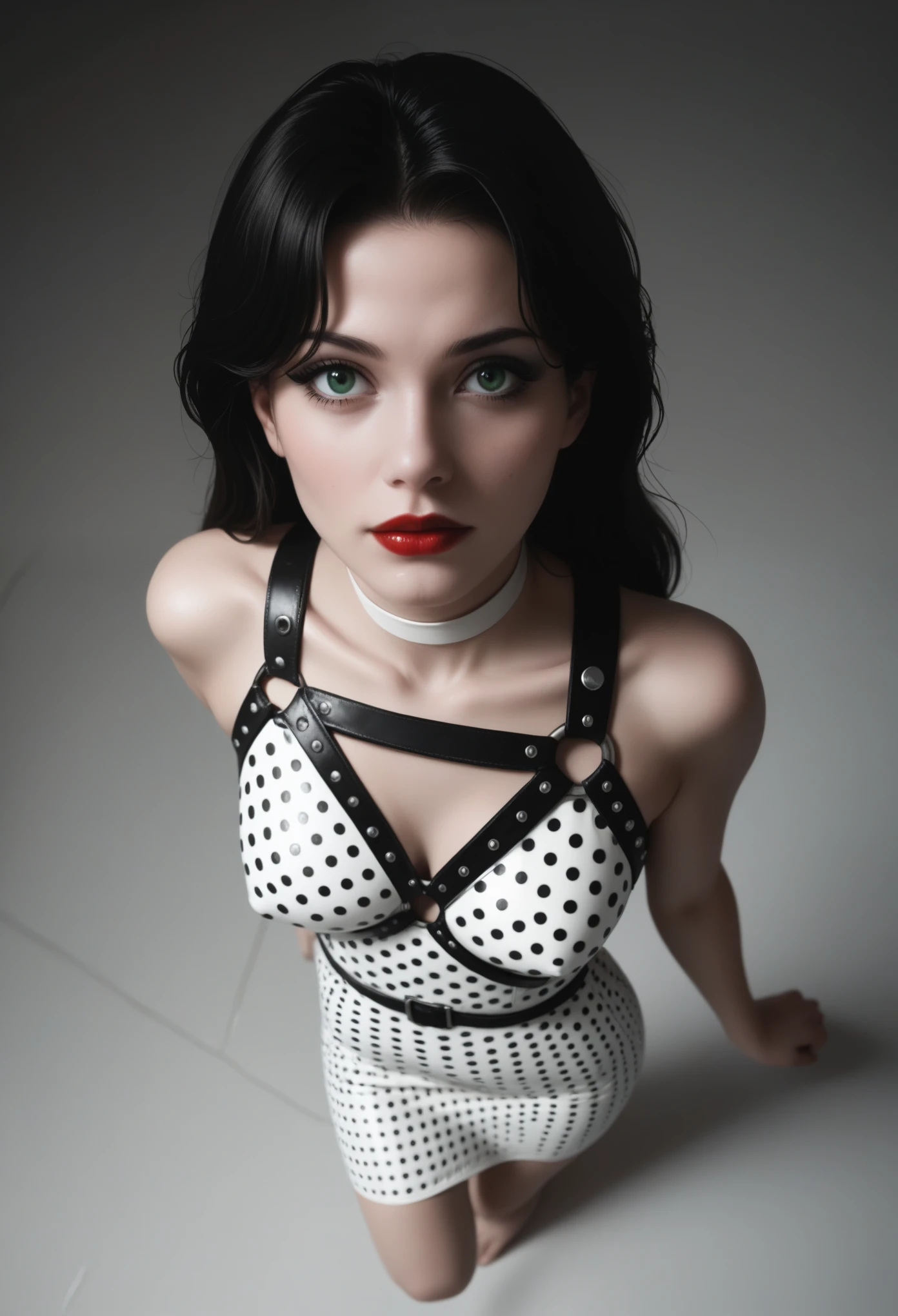a and fatal woman, Woman wearing a black and white dotted dress., from above, wearing a black and white dotted dress, Dress 80s fashion, 80s style clothing, 80s fabric style, Retro dystopian 80s vibe, straight black hair, green eyes, black eyeliner, Red lips, medium breasts, small covered nipple, lustful look, black and white latex, White Latex Leg Harness, white choker, dramatic light, 80's cinema lighting.._Science fiction, poor, realistic hands, upskirt, sexy