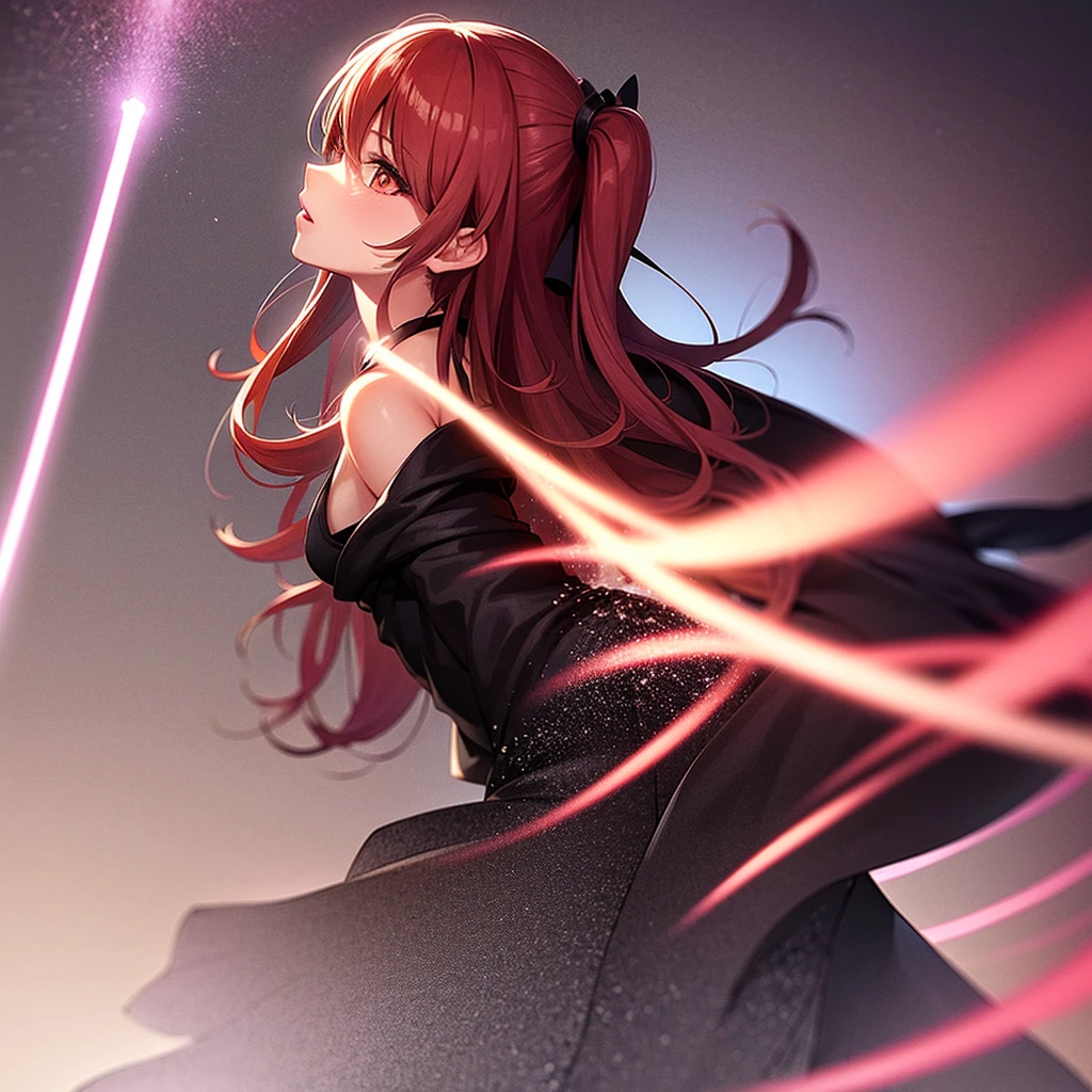 The girl is the dark lord of the Sith. She has red hair and red-yellow eyes. She is wearing a black robe. She spread her arms wide. There are many activated red lightsabers flying around her