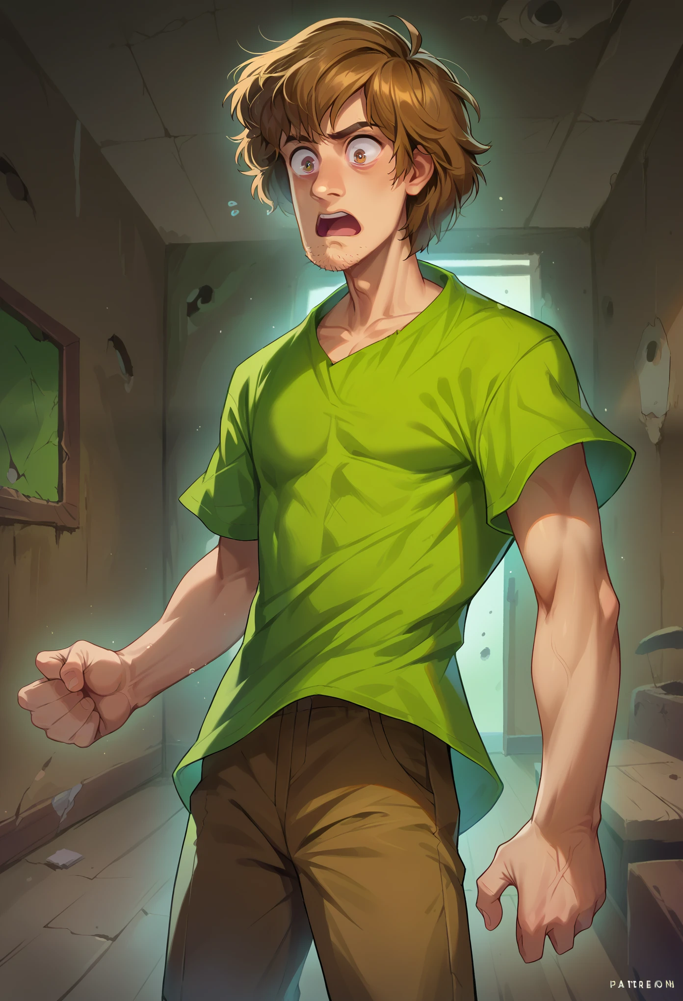 score_9, score_8_up, score_7_up, 1girl, solo, Shaggy Rogers, slender body, medium breasts, brown hair, medium hair, green shirt, brown pants, standing, shocked face, hands on chest, shaking, sweating, screaming, nervous, female crotch, looking down, inside a room, abandoned room, dark room, night
