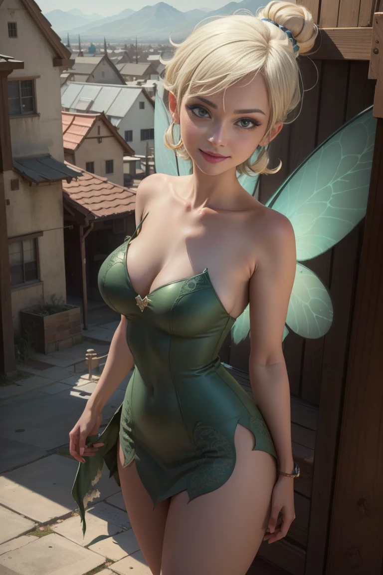 (Tinker Waifu:1), SMILE, sexy, naughty pose, looking at the viewer, big breasts, neckline, moño de un Alone cabello, short hair, (Green strapless dress:1), (fairy wings), (focus on breasts:1.2), From above, (realist:1.2), (realism), (Masterpiece:1.2), (Best Quality), (ultra detailed), (8k, 4k, intricate),(Full body photo:1),(cowboy shot:1.2), (85mm),partículas de light, Turning on, (Very detailed:1.2),(detailed face:1.2), (Gradients), showy,(detailed eyes:1.2),(detailed background),detailed landscape, (dynamic angle:1.2), (dynamic pose:1.2), (third rule_composition:1.3), (Line of action:1.2), plano general, light, Alone, sexy, show skin