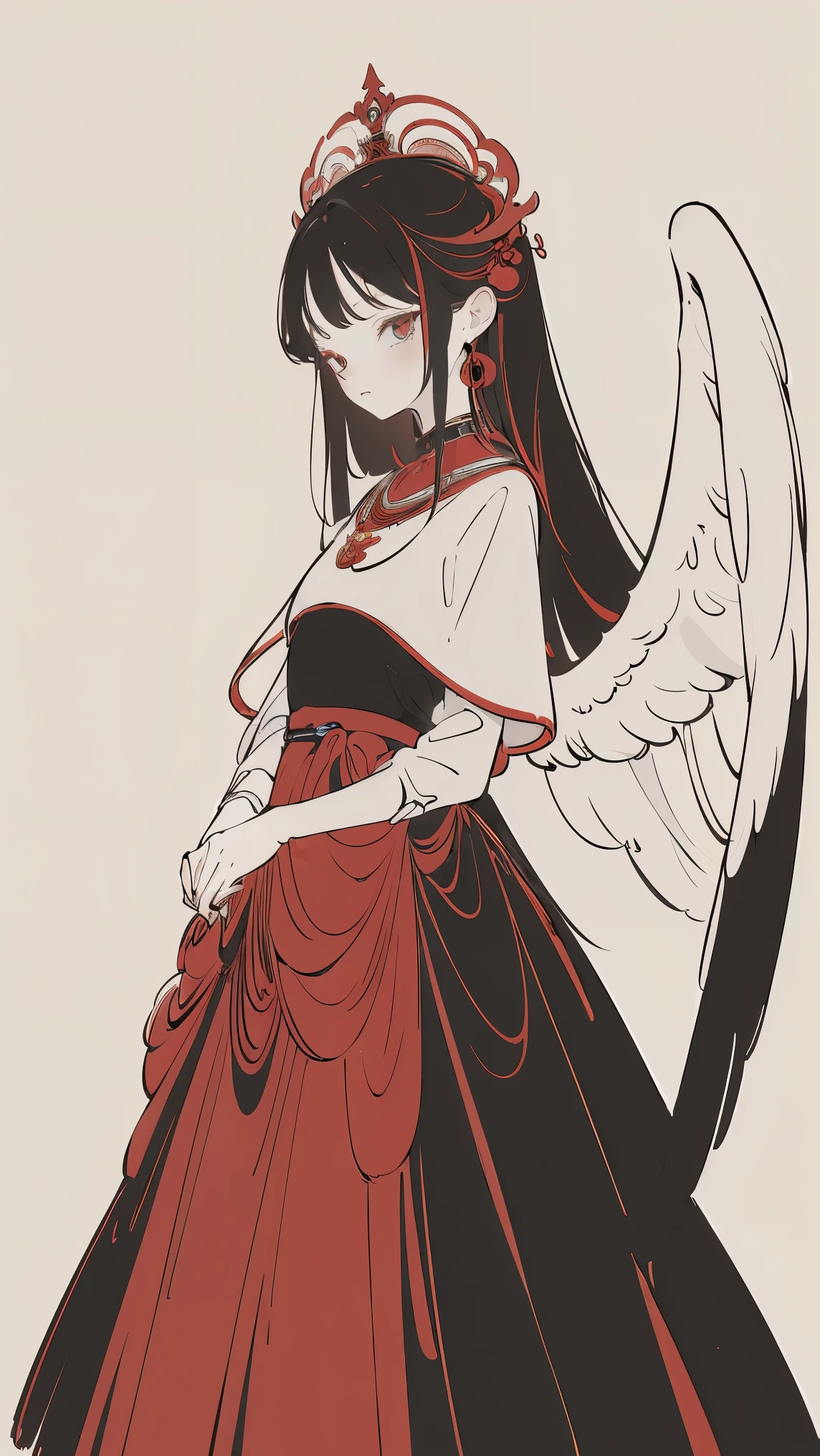 (Designed by nty:1.4),Upper body portrait of a girl,Black and red colorful, colourful, Yoshitaka Amano character setting,solo,Angelic, Symmetrical Beauty, Angel Wings, Gorgeous long skirt, stand up, (((solo))), Color matching,Clear facial features, Clean lines design, Magic Elements, future technology, ((tarot card background)), Standing figure, ((Flat color)), (masterpiece,Top quality,Best quality,Ultra-high resolution), ((Exquisite facial features,Clear facial features,beautiful eyes,Beautiful face)) ,(32k wallpaper),