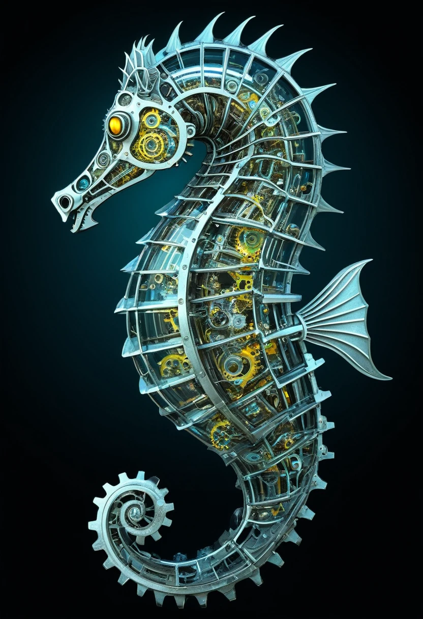     Seahorse mechanical biomechanics made of metal and gears bioluminescent deep sea seahorse close up concept art high dynamic range partially  design，The internal AI mechanism is clear and the integrated light-emitting basket has extremely sharp fluorescent lines., science fiction aesthetics, masterpiece intricate, detailed surrealism  ( Correct and perfect anatomy )

                                                     Ultra-detailed animation art and visual effects masters perfectly compose intricately detailed digital art