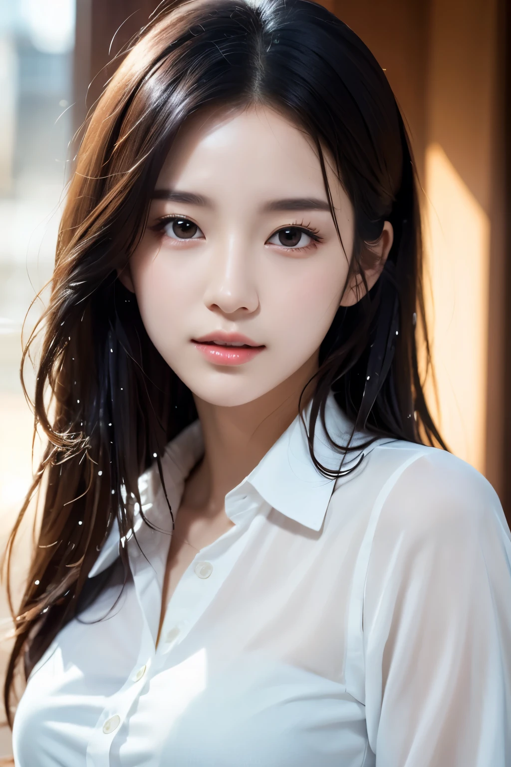 Dress up、(Photo realistic:1.4)、(Surreal:1.4)、(Realistic:1.3)、 (Gentle lighting: 1.05)、(Improve the quality of your video lighting:0.9)、32K ...、 One Girl、16-year-old girl、Photorealistic Lighting、Backlight、Facial Light、Ray-tracing、(bright:1.2)、(Improvement of quality:1.4)、 (Highest Quality Real Texture Skins)、Beautiful Eyes,Delicate and elegant features、 (Tired, sleepy and satisfied : 0.0), Face close-up, Wet White Button Up Shirt : 1.3, (Improve your body line mood:1.1)、Glowing Skin、 star、Korean Idol、Nogizaka Idol、Burning idol pose、Beautiful actress、A neat and clean woman、 Whole Body Ezbian