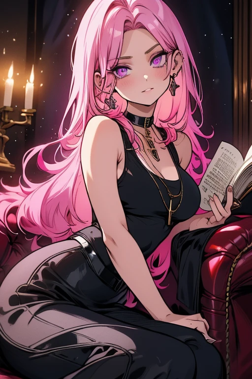 Perfect face. Perfect hands. A pink haired woman with violet eyes and an hourglass figures in a leather skirt and tank top is reading in a gothic living room.
