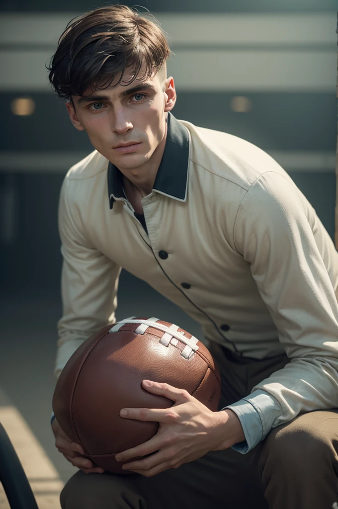 Create an image of Thomas Shelby involved in football