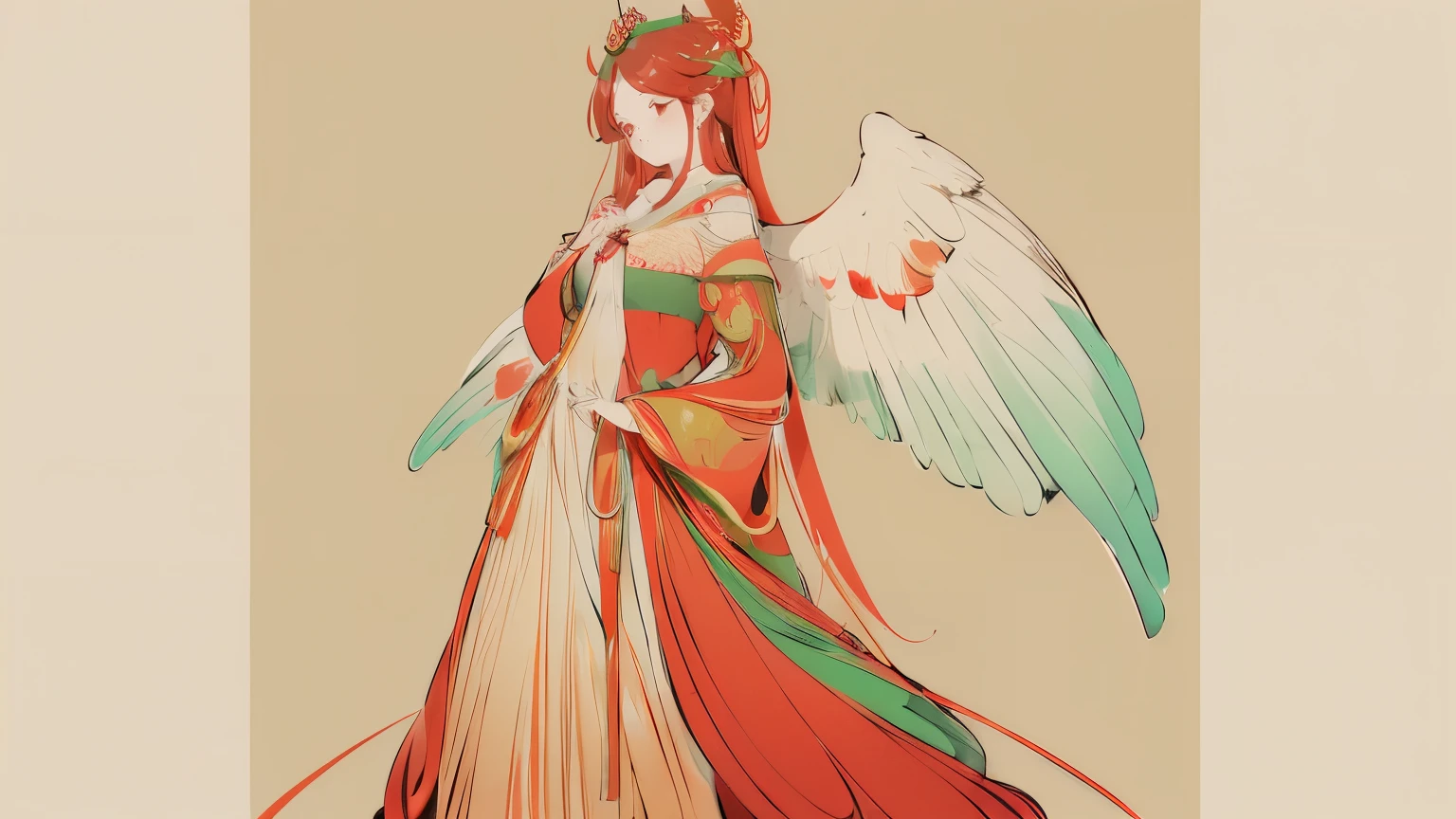 (Designed by nty:1.4),Full body portrait of a girl, Red and green colorful, rich and colorful, Yoshitaka Amano character design,Solitary,Angelic, symmetrical beautiful, Angel Wings, Gorgeous long dress, stand up, (((Solitary))), Color Matching,Clear facial features, Clean lines design, Magic Elements, Future Technology, ((tarot card background)), Standing figure, ((Flat Color)), (masterpiece,Top quality,best quality,Ultra-high resolution), ((Exquisite facial features,Clear facial features,beautiful eyes,Pretty Face)) ,(32K Wallpaper),