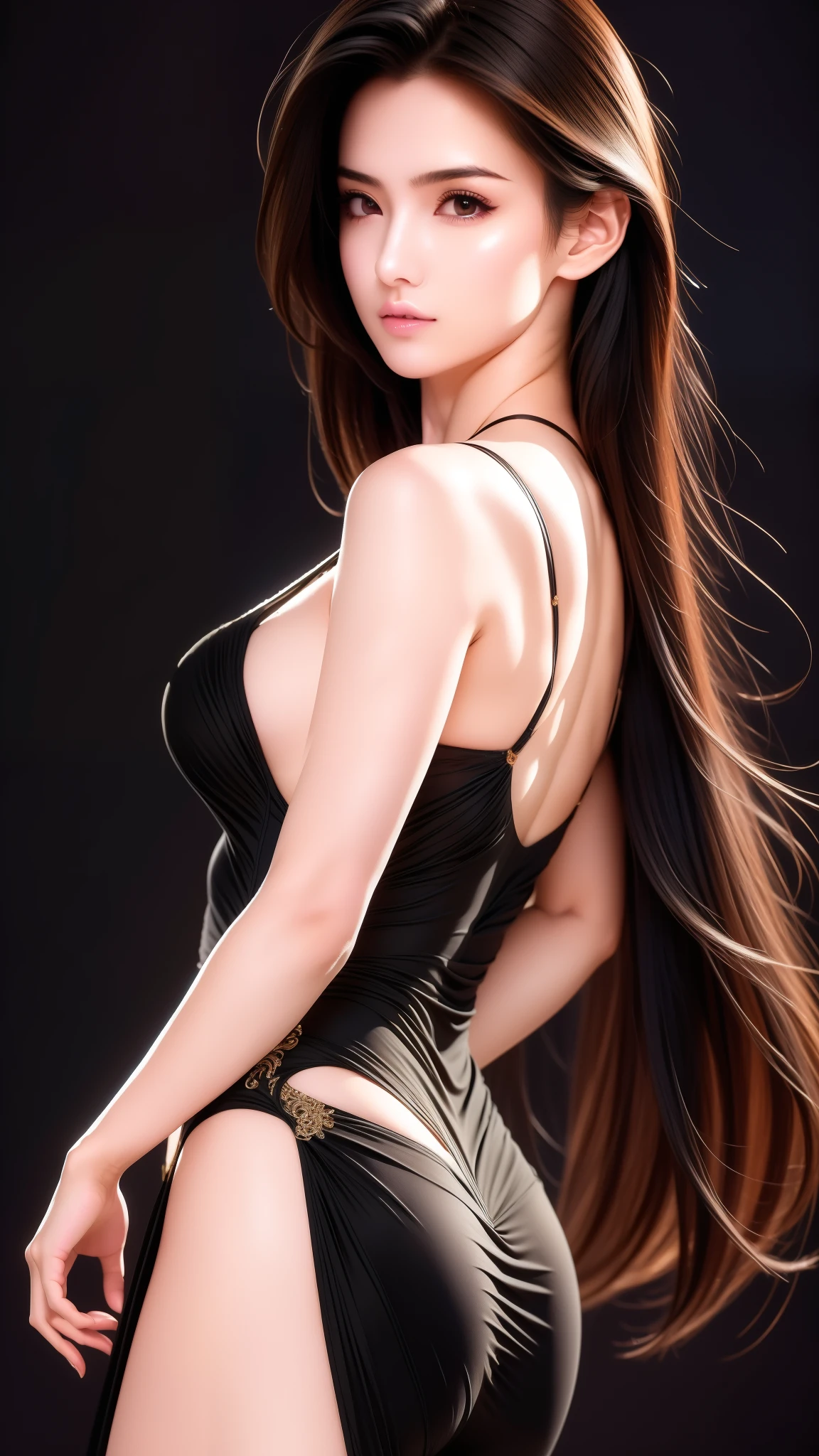 4K resolution,8K resolution,beautiful,Highest quality,Absolutely wonderful,Very detailed,Ultra-high resolution,masterpiece,(Realistic:1.5),(Realistic:1.5),Increased depth of field,Cinematic Light, One elegant mature woman, Long black hair,(Beautiful face with exquisite details:1.5),Face with a gentle expression,Transparent white skin,(Very delicate skin texture:1.5),Great proportions,Glamorous Body,Anatomically correct body, Elegant high leg swimsuit,ornate designs,Gorgeous and detailed pattern,Beautifully detailed pattern,Detailed cloth texture,Decorated with lavish jewellery, (Black Background:1.6), (Dramatic Angle:1.5),