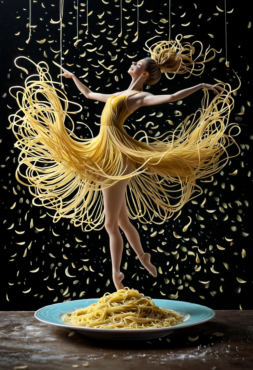 A surrealist dancer, entirely composed of spaghetti, embodies a whimsical and imaginative scene. Her body is intricately crafted from various types of pasta, with her torso resembling twirls of fettuccine and her legs formed from long strands of spaghetti, creating a fluid and organic shape. The dancer's arms extend gracefully, made from delicate spaghetti strands that appear to flow and twist like ribbons in the air.
She is captured in a dynamic ballet pose, perhaps an arabesque, showcasing her balance and poise. The scene features a close-up of a whimsical plate of spaghetti, where a small tree sprouts from the center, symbolizing growth and creativity. The background is a soft blur of pastel colors, enhancing the dreamlike quality of the image.
Dramatic lighting highlights the textures of the pasta, casting playful shadows that dance across the plate. Raindrops glisten around her, adding a touch of magic to the atmosphere. The image is highly detailed, in UHD, 32K, emphasizing the rich colors and textures of the spaghetti and the enchanting environment.