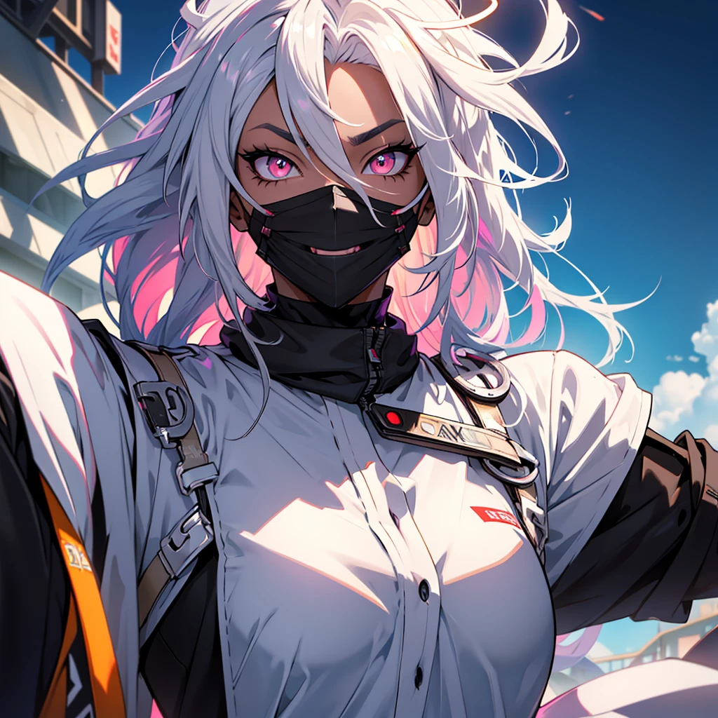 white hair, dreadlocks, expressive hair, cloud hair, afro, streaked hair, multicolored eyes, mismatched pupils, mismatched sclera, surgical mask, Gradient eyes, longeyelashes, upturned eyes, makeup, Serious, jitome, skin fang, long tongue, fang, crazy smile, Surrealism, Cubist Futurism, アニメ style, アニメ, depth of field, glowing light, projected inset, cowboy shot, close-up, lens flare, 8k, super detail, uhd, masterpiece, accurate, anatomically correct, textured skin, textured skin, high details, high details, award winning, best quality, highres、Sexy Nurse、Black、Beauty、Pull the mask with your hands、A crazy smile from under the mask、colorful、Concept Art、Lens flare、Background Single Color、colorfulなイラスト、Detailed、Breathtakingly artistic、Incredibly stylish、Horror、Dark skin、Black Skin、Menhera、spooky