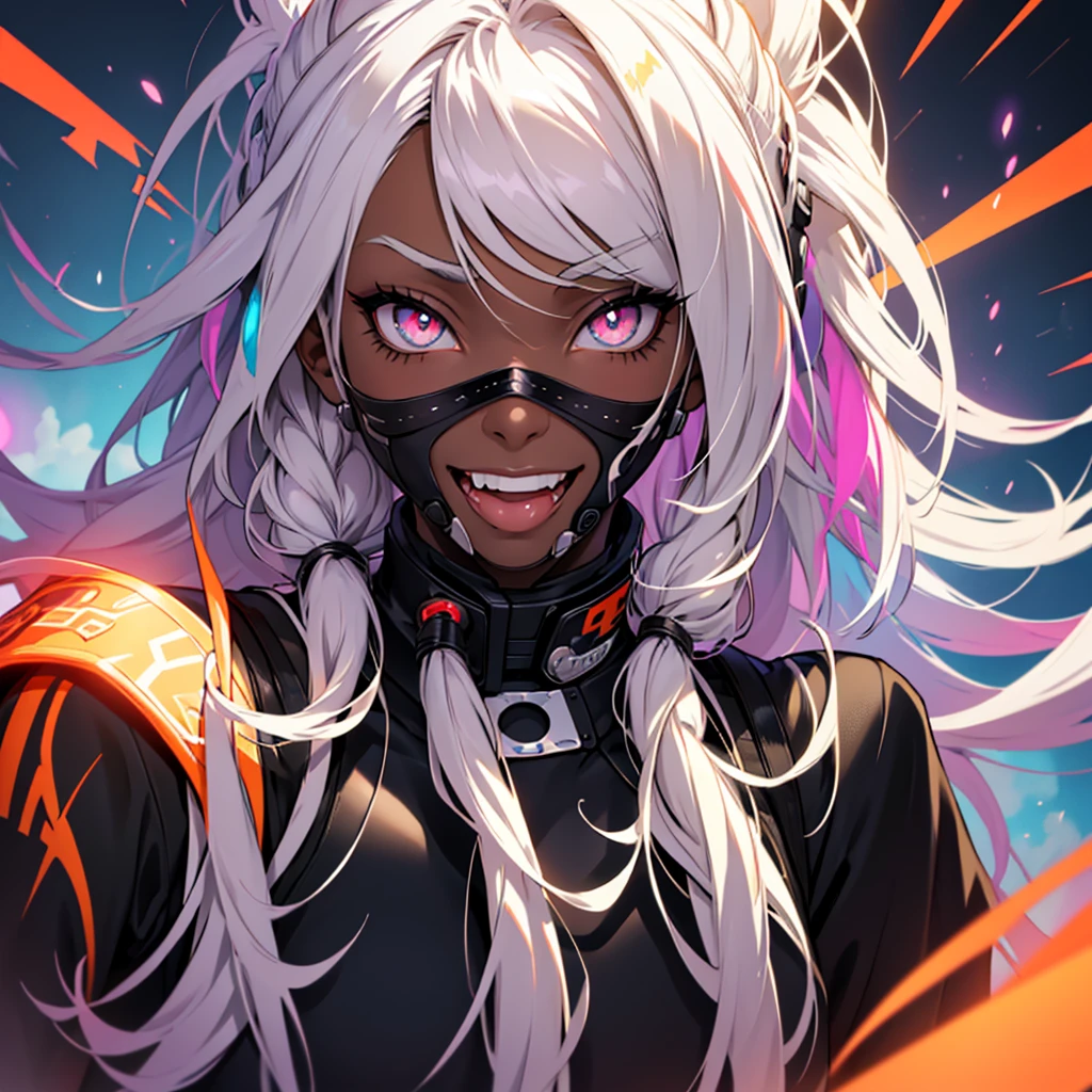 white hair, dreadlocks, expressive hair, cloud hair, afro, streaked hair, multicolored eyes, mismatched pupils, mismatched sclera, surgical mask, Gradient eyes, longeyelashes, upturned eyes, makeup, Serious, jitome, skin fang, long tongue, fang, crazy smile, Surrealism, Cubist Futurism, アニメ style, アニメ, depth of field, glowing light, projected inset, cowboy shot, close-up, lens flare, 8k, super detail, uhd, masterpiece, accurate, anatomically correct, textured skin, textured skin, high details, high details, award winning, best quality, highres、Sexy Nurse、Black、Beauty、Pull the mask with your hands、A crazy smile from under the mask、colorful、Concept Art、Lens flare、Background Single Color、colorfulなイラスト、Detailed、Breathtakingly artistic、Incredibly stylish、Horror、Dark skin、Black Skin、Menhera、spooky