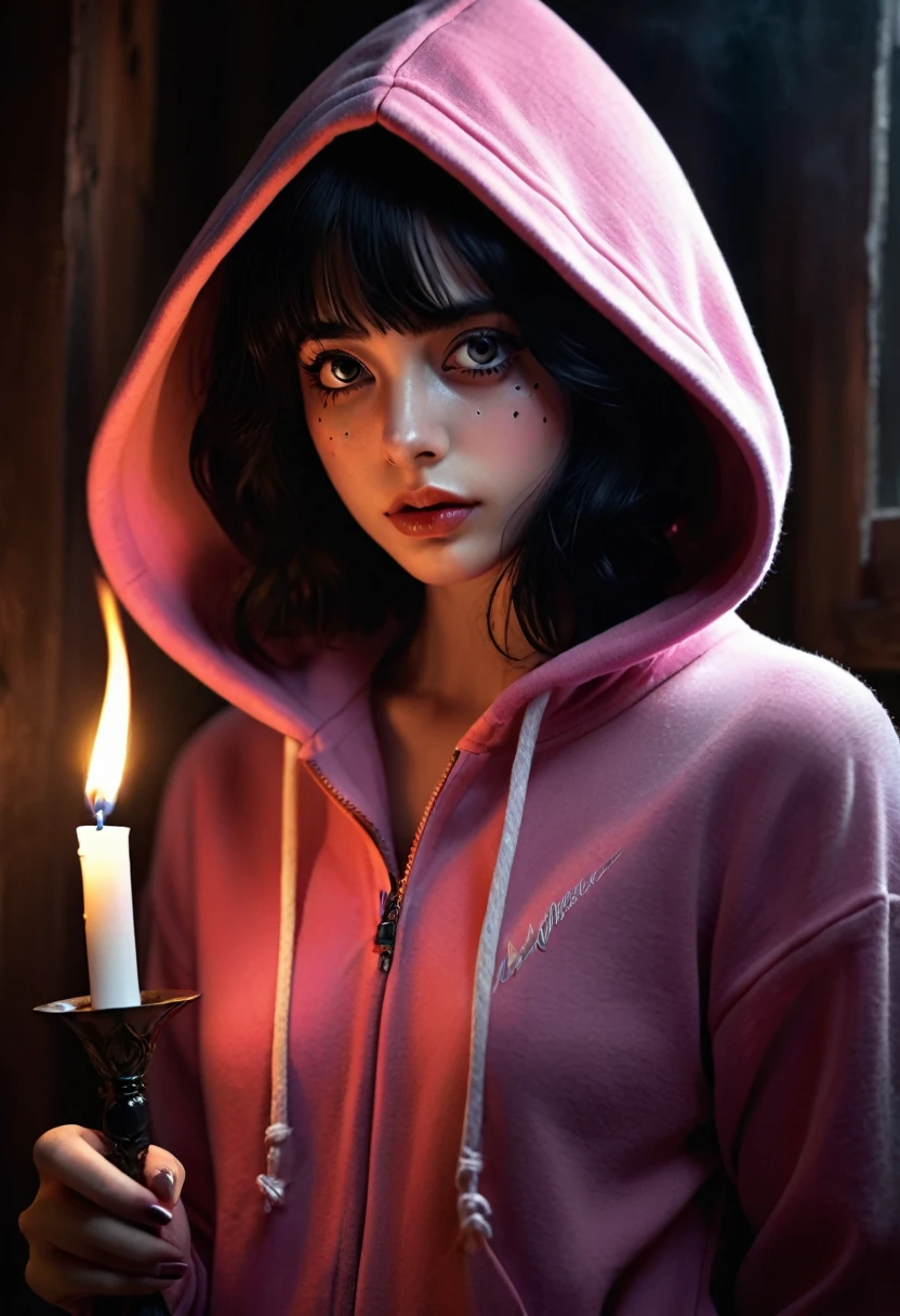A gothic chiaroscuro style illustration (featuring a 25-year-old girl with black hair and large malicious eyes:1.5) (wearing a pink hooded sweatshirt made of canvas:1.4) (with a sarcastic smile and light freckles:1.3) (holding the scythe of death:1.2) (standing in a dark corridor of a haunted cabin:1.1) (surrounded by translucent, transparent flames:1.0) (suspenseful and horror atmosphere) [(influence of Caravaggio and Tim Burton)] (capturing dramatic lighting and shadows) (with vivid colors and intricate details) (best quality, high quality, Photoshop details, perfect anatomy, perfect hands, perfect eyes, perfectly textured)