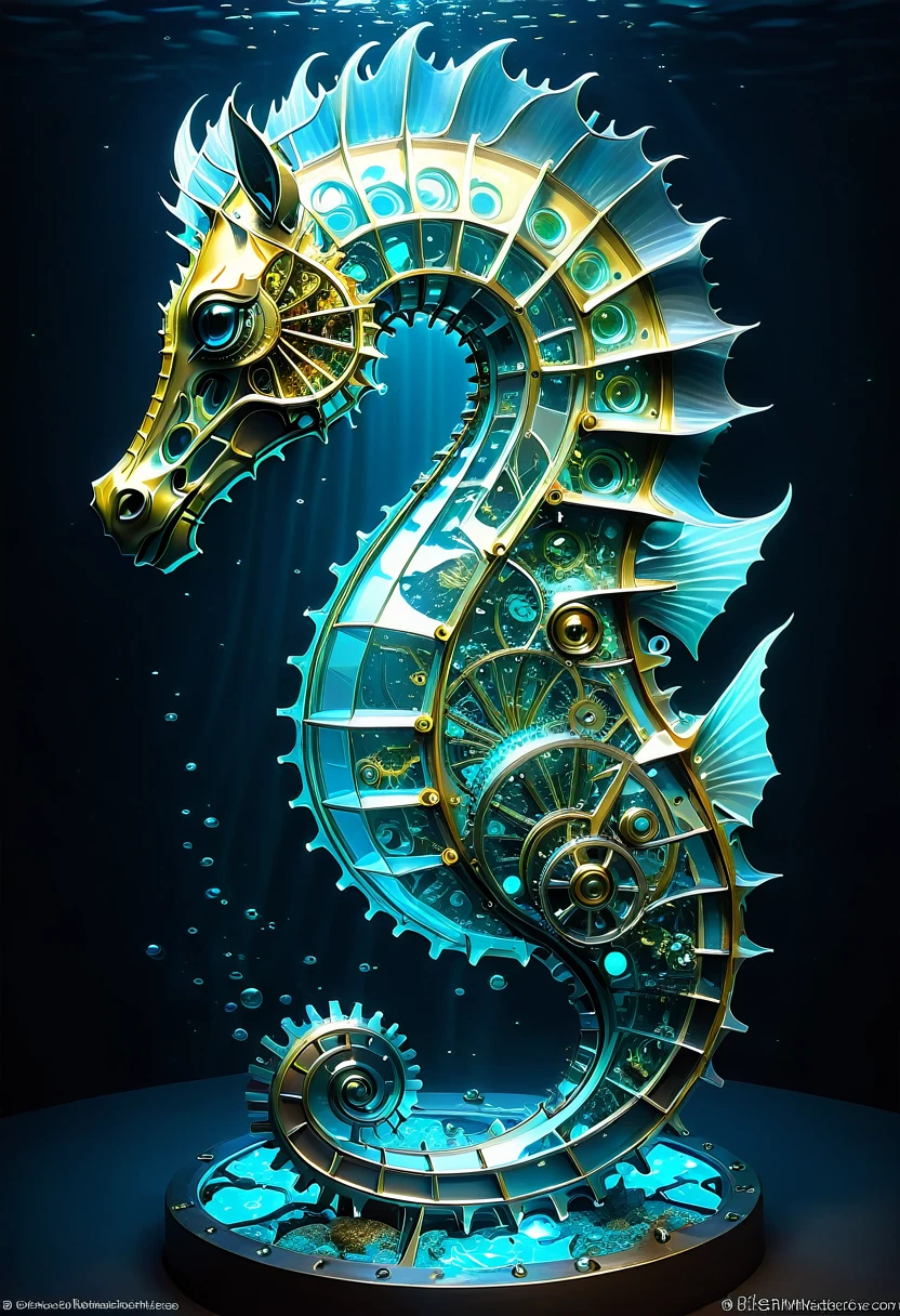     Seahorse mechanical biomechanics made of metal and gears bioluminescent deep sea seahorse close up concept art high dynamic range partially  design，The internal AI mechanism is clear and the integrated light-emitting basket has extremely sharp fluorescent lines., science fiction aesthetics, masterpiece intricate, detailed surrealism  ( Correct and perfect anatomy )

                                                     Ultra-detailed animation art and visual effects masters perfectly compose intricately detailed digital art
