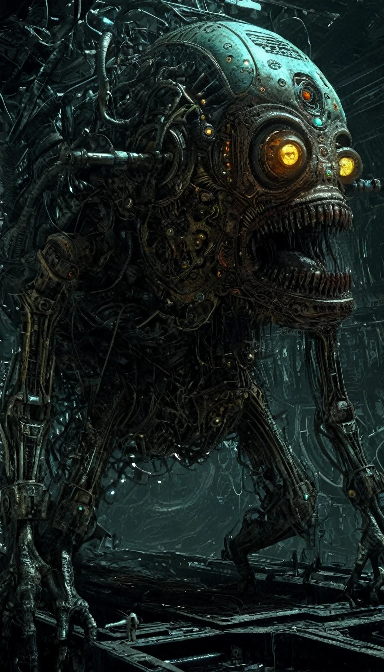 alien cosmic machinery creature, sci-fi horror, intricate details of mechanism, scary, doomy, moody atmosphere, psychodelic, space,